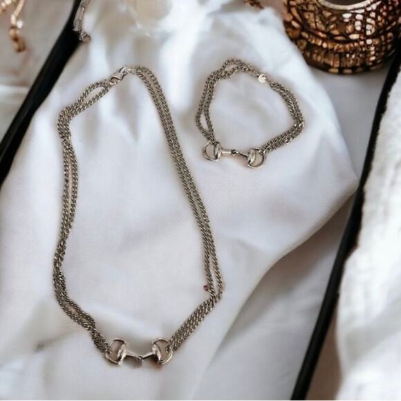Sterling Silver HorseBit Necklace Bracelet Set Matching Snaffle Stirrup D Ring - Picture 7 of 10